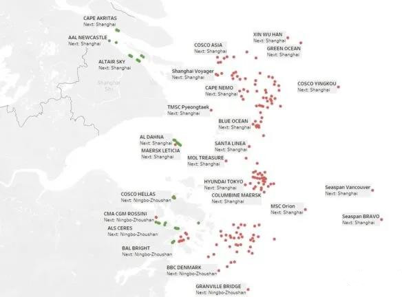 上海/寧波港外等待靠泊集裝箱船數(shù)